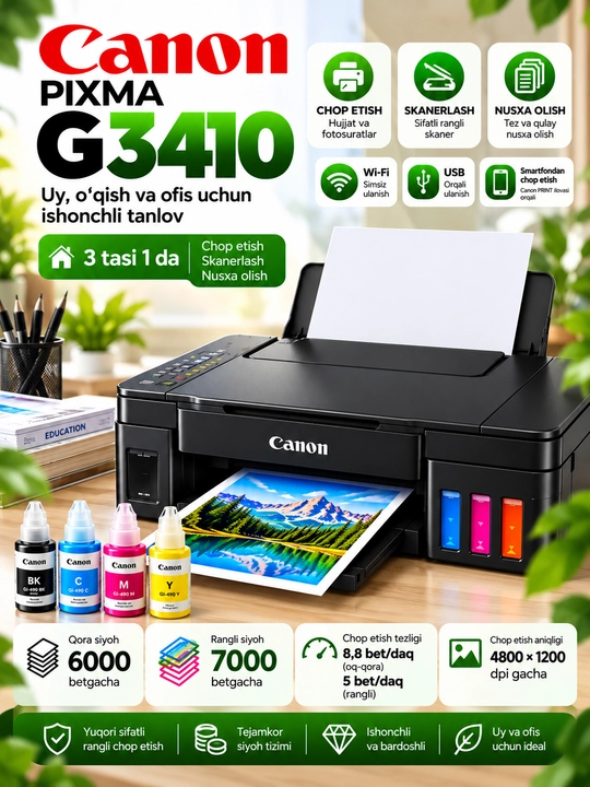 Canon PIXMA G3430, G3416, G3410 — Uy va ofis uchun rangli printer 3 tasi 1 da, Wi-Fi