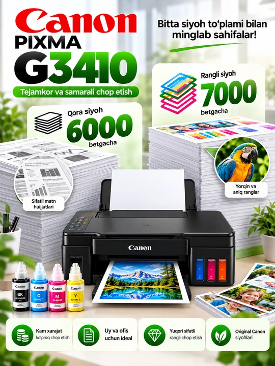 Canon PIXMA G3430, G3416, G3410 — Uy va ofis uchun rangli printer 3 tasi 1 da, Wi-Fi