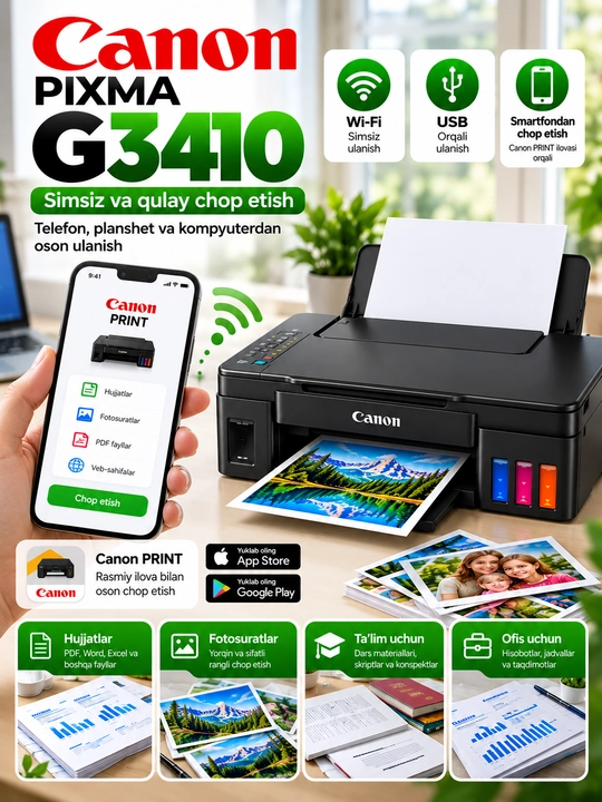Canon PIXMA G3430, G3416, G3410 — Uy va ofis uchun rangli printer 3 tasi 1 da, Wi-Fi