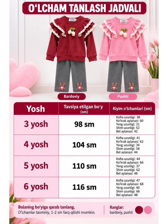 3 yoshdan 6 yoshgacha bo‘lgan qizlar uchun ikki kishilik bolalar kostyumi