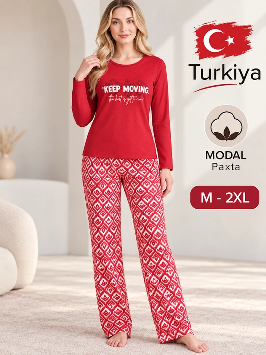 Ayollar pijamasi, uzun yengli pijama ayollar uchun, modal, paxta, Turkiya, M–2XL - 