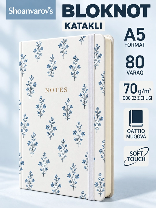 Блокнот в клетку A5, 80 листов, с синими цветами, Shoanvarov's - 
