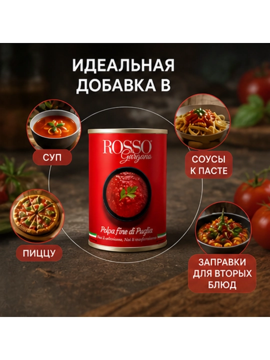 O‘z sharbatida tozalangan va maydalangan pomidorlar ROSSO GARGANO Polpa Fine