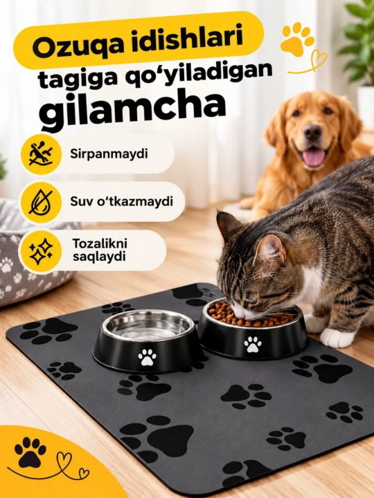 Itlar va mushuklar uchun oziqlantiruvchi idish uchun gilam
