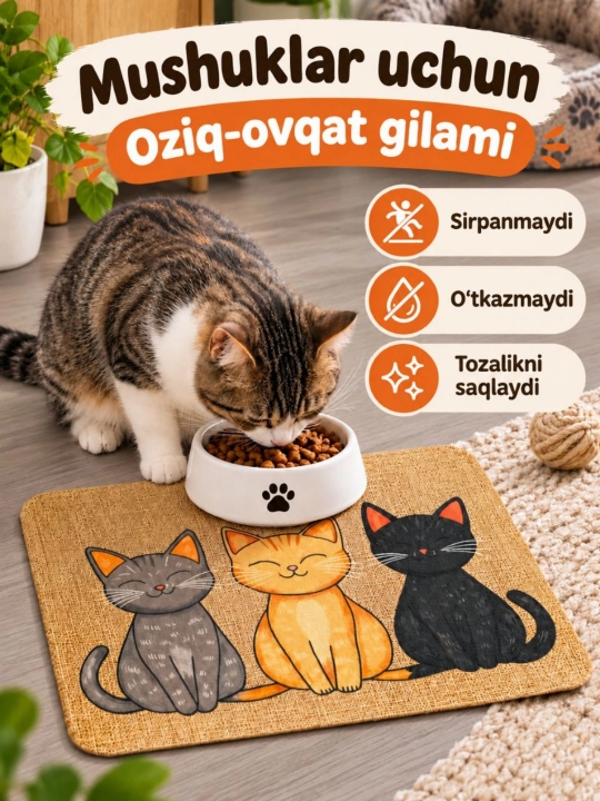 Itlar va mushuklar uchun oziqlantiruvchi idish uchun gilam