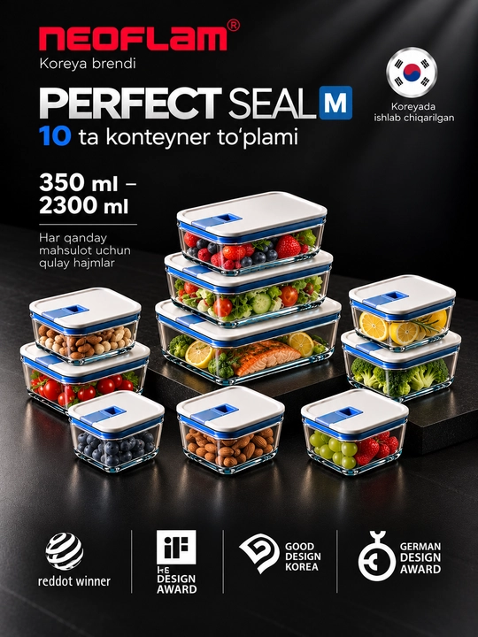 NEOFLAM PERFECT SEAL M Shisha oziq-ovqat konteyneri, germetik qopqoqli, borosilikat shisha
