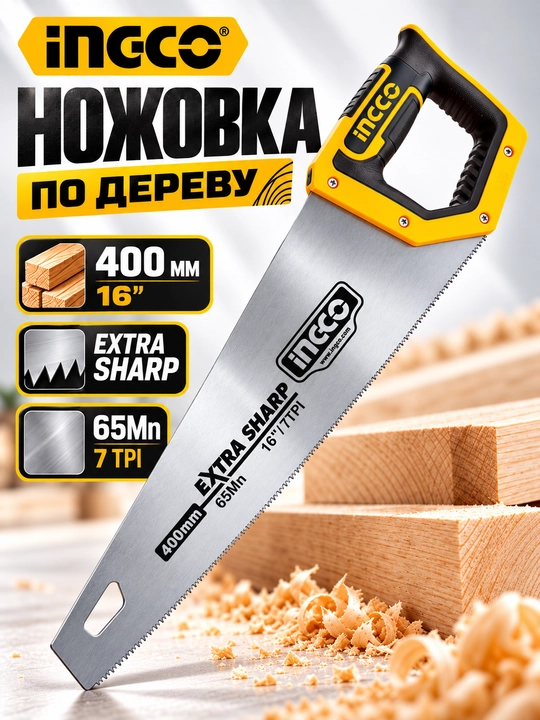 Yog‘och uchun qo‘l arrasi INGCO 400 mm, 7 TPI, 65Mn po‘lat, duradgorlik arrasi - 