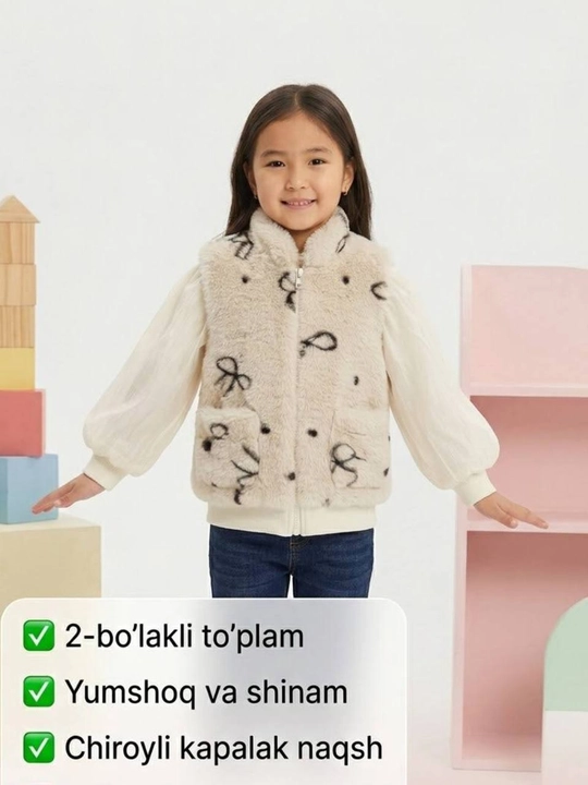 Qizlar uchun ikki qismli to‘plam: mo‘ynali nimcha va bluzka - 