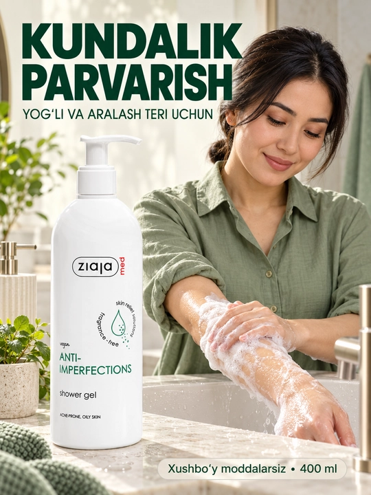 Dush uchun gel Ziaja MED, husnbuzarga moyil teri uchun, dozatorli, 400 ml