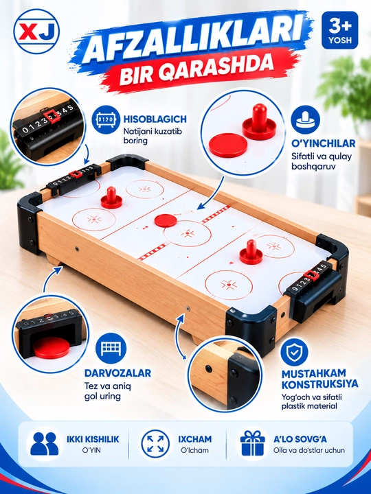 Mini aero xokkey stol o‘yini, bolalar va oila uchun, 2 ta shayba va 2 ta raketka bilan, 3+