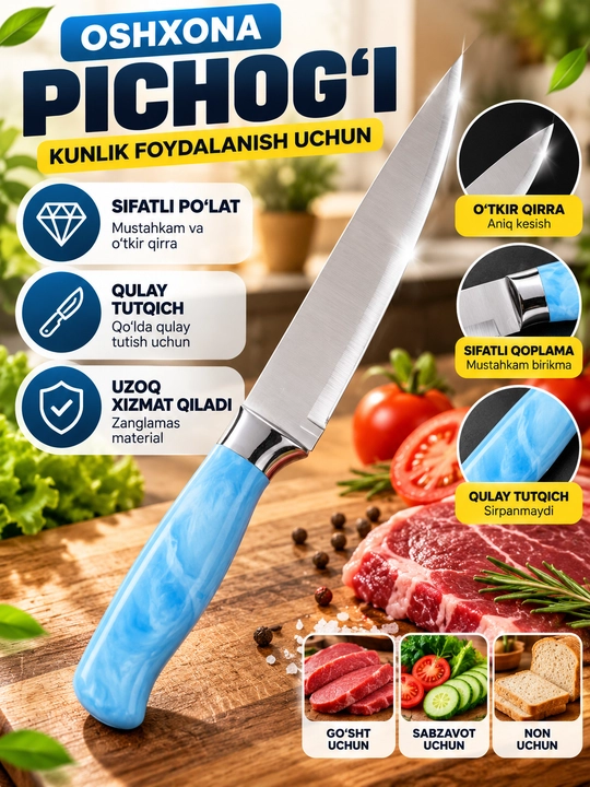 Oshxona pichog‘i, zanglamaydigan po‘lat, go‘sht va sabzavot kesish uchun, ko‘k tutqichli - 