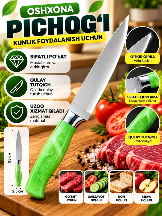 Oshxona pichog‘i, zanglamaydigan po‘lat, go‘sht va sabzavot kesish uchun, ko‘k tutqichli - 