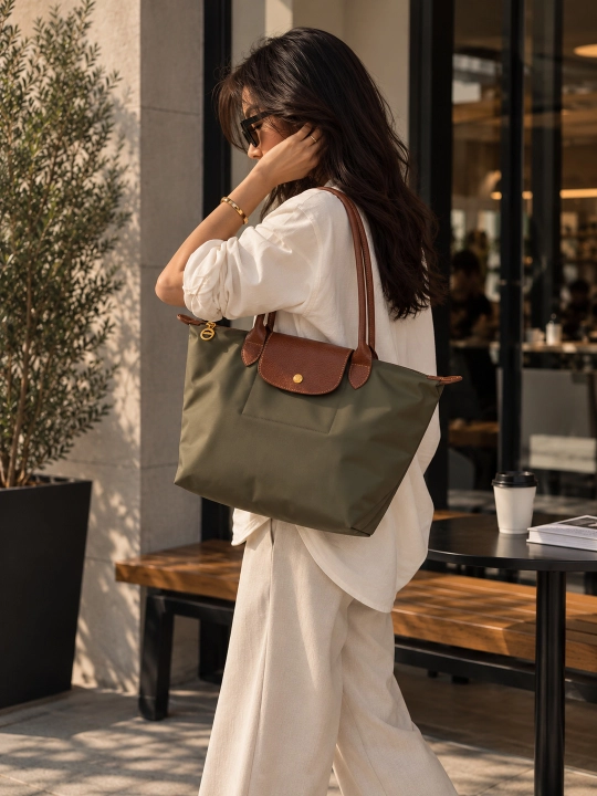Maktab sumkasi, katta, ayollar uchun, Longchamp uslubida, o‘lchami M, tovut, shopper, A4 formatda