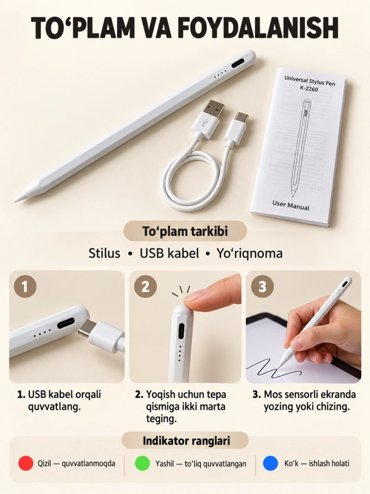 Sensorli ekran uchun universal stilus, USB-C quvvatlash, yozish va chizish uchun oq qalam