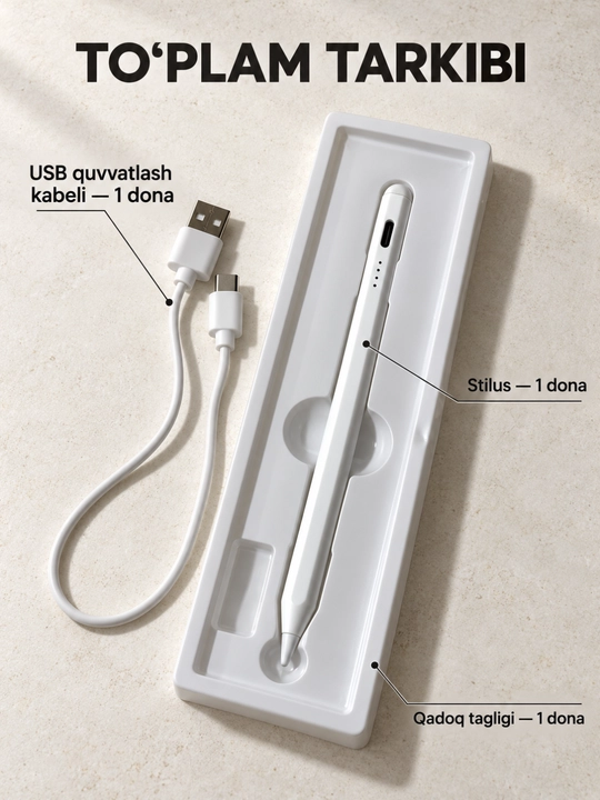 Sensorli ekran uchun universal stilus, USB-C quvvatlash, yozish va chizish uchun oq qalam