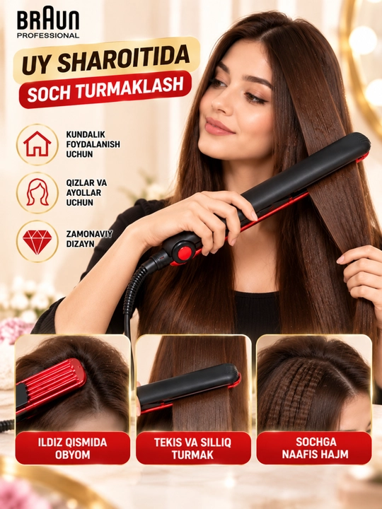 Soch uchun 2 tasi 1 da dazmol tekislagich va gofre turmaklagich, hajm beruvchi