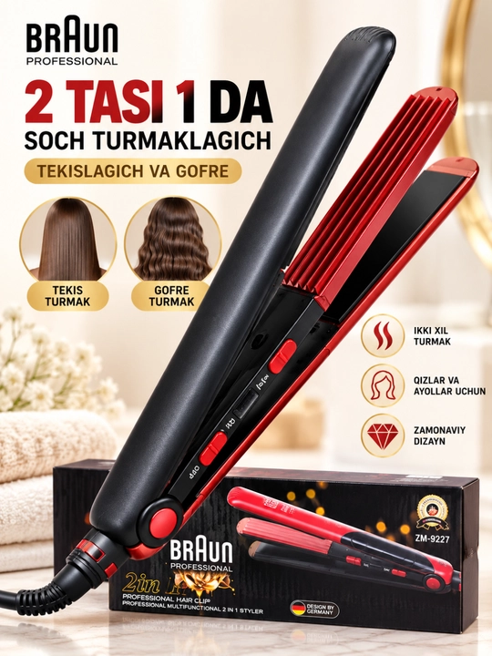Soch uchun 2 tasi 1 da dazmol tekislagich va gofre turmaklagich, hajm beruvchi