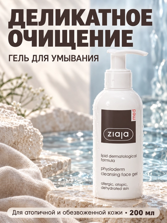 Гель для умывания для атопичной и обезвоженной кожи Ziaja MED Lipid Physioderm, 200 мл