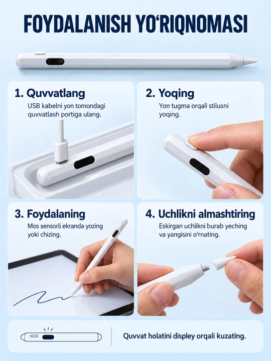 Oq elektron stilus, displeyli sensorli qalam, yozish va chizish uchun, 2 ta zaxira uchlik