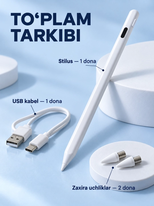 Oq elektron stilus, displeyli sensorli qalam, yozish va chizish uchun, 2 ta zaxira uchlik