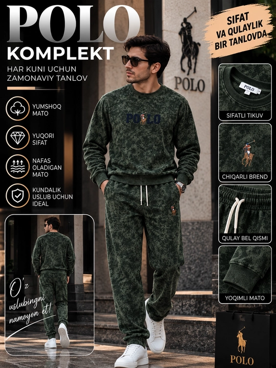 "POLO" erkaklar velur sport kostyumi, issiq ikkilik to‘plam, svitshot va joggerlar - 