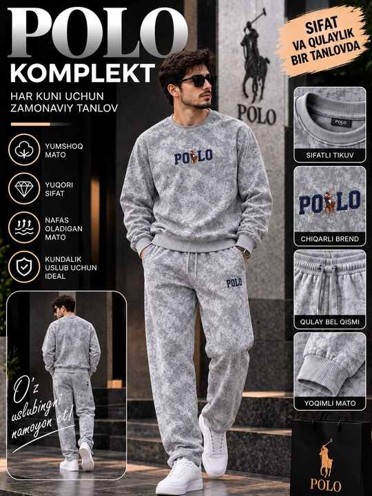 "POLO" erkaklar velur sport kostyumi, issiq ikkilik to‘plam, svitshot va joggerlar - 