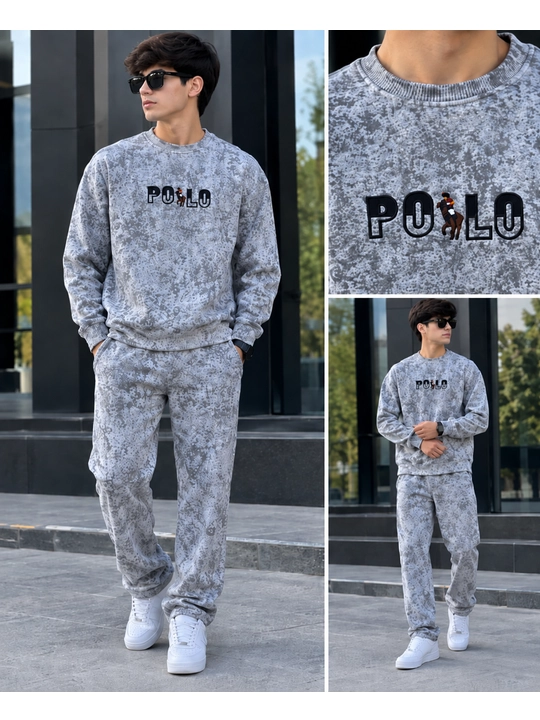 Мужской велюровый спортивный костюм "POLO", теплый комплект двойка, свитшот и джоггеры - 