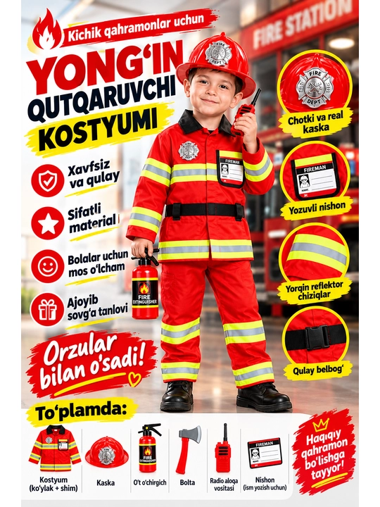 Bolalar kostyumi, o't o'chiruvchi kiyimi, qutqaruvchi kiyimi, bolalar formasi - 