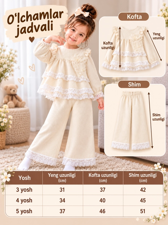 Детский комплект для девочки: блузка с кружевом и брюки, 3, 4, 5 лет