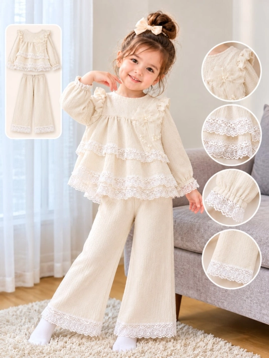 Детский комплект для девочки: блузка с кружевом и брюки, 3, 4, 5 лет