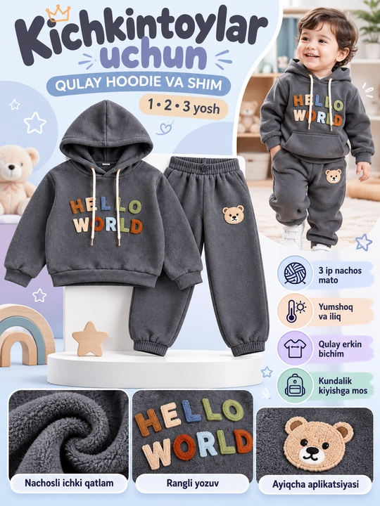 Детский серый спортивный костюм Hello World - 
