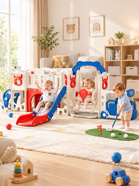 Bolalar uchun 9 tasi 1 da o‘yin kompleksi: sirpanchiq, arg‘imchoq, mini-golf