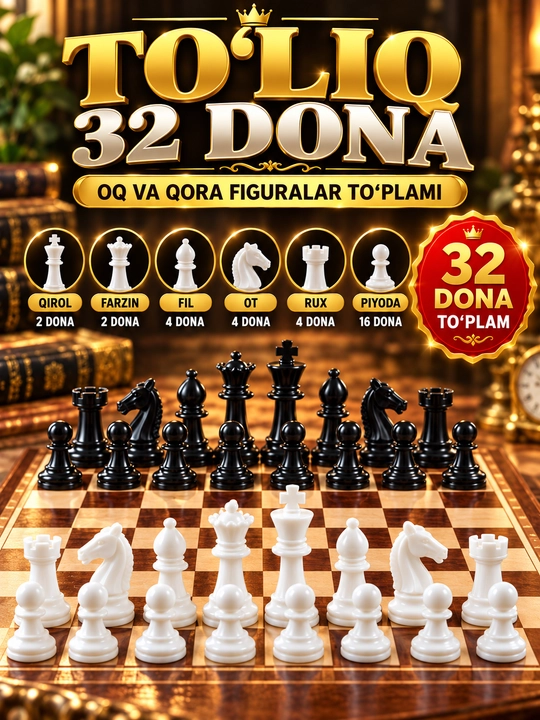 Шахматные фигуры, набор 32 шт., черные и белые, пластиковые, настольная игра