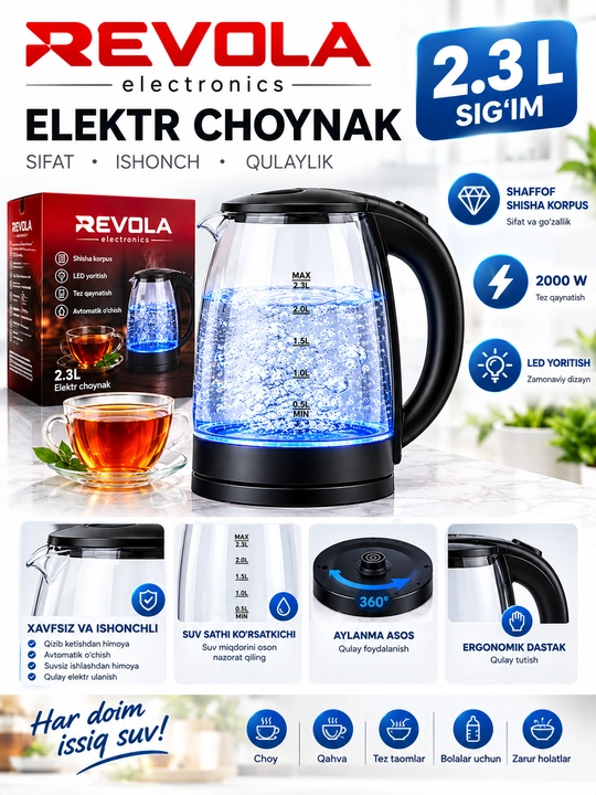Elektr choynak REVOLA tefal choynaklar 2.3 L  LED, yoritkichli