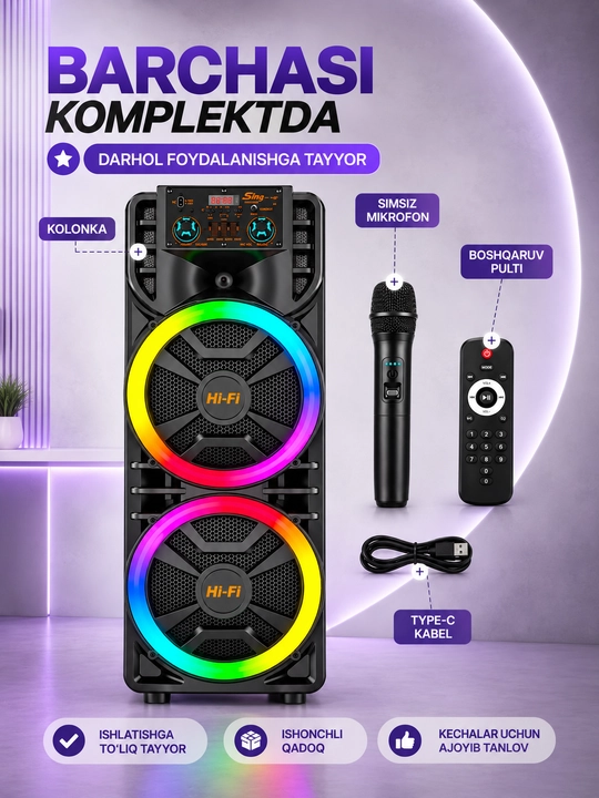 Katta simsiz kalonka, mikrofonli karaoke bluetooth kolonka, pultli portativ karnay