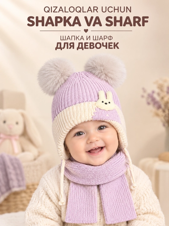 Комплект шапка и шарф для мальчиков и девочек, для малышей до 1 года - 