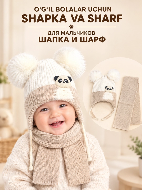 Комплект шапка и шарф для мальчиков и девочек, для малышей до 1 года - 