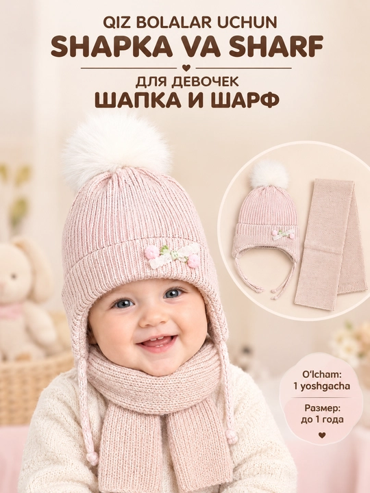 Комплект шапка и шарф для мальчиков и девочек, для малышей до 1 года - 