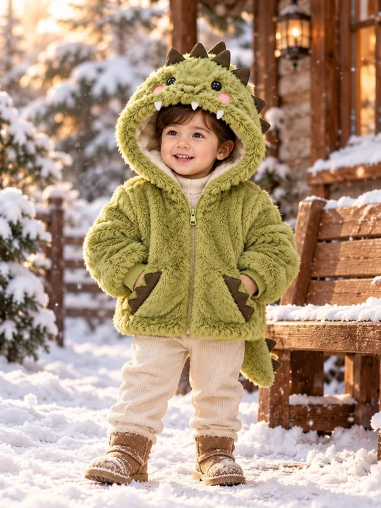 Детская тёплая шуба-куртка с динозавром, зелёная, 2–5 лет