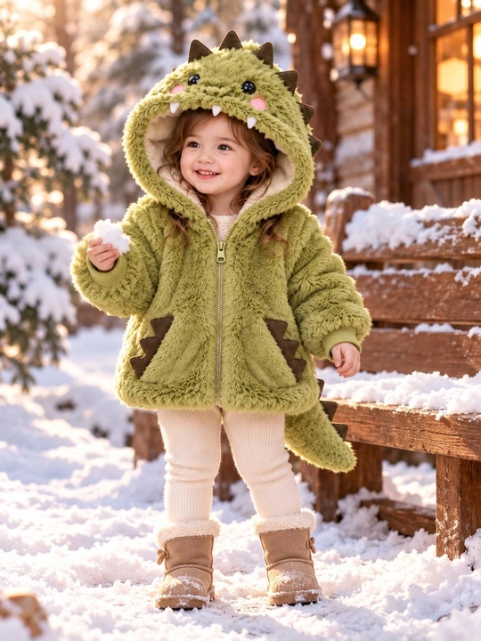 Детская тёплая шуба-куртка с динозавром, зелёная, 2–5 лет
