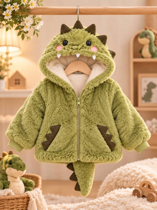 Детская тёплая шуба-куртка с динозавром, зелёная, 2–5 лет
