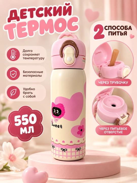 Детский термос из нержавеющей стали , с 2 насадками,  550 мл