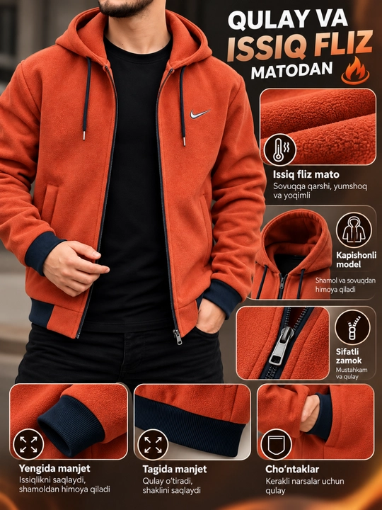 Erkaklar uchun qalin kuz va qish mavsumi uchun vetrovkalar, fliz matosidan kurtka - 