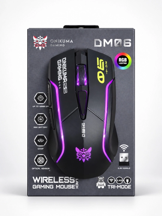 ONIKUMA DM06 RGB simsiz gaming sichqoncha, Bluetooth, 2.4 GHz, Type-C, 12800 DPI