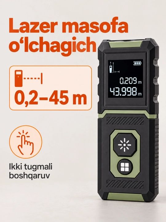Lazerli masofa o‘lchagich 0,2-45 m, ikki tugmali elektron ruletka