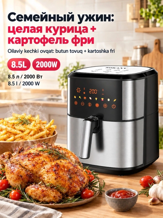 SOKANY SK-10043 aerofrityurnitsa, 8,5 l, 2000 Vt, foydali yog‘siz taom tayyorlash