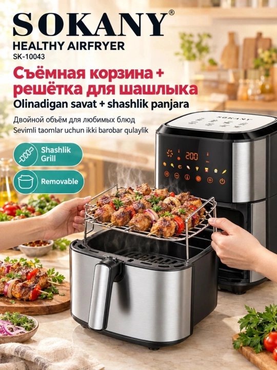 SOKANY SK-10043 aerofrityurnitsa, 8,5 l, 2000 Vt, foydali yog‘siz taom tayyorlash