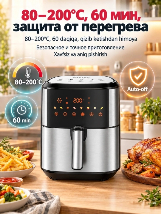 SOKANY SK-10043 aerofrityurnitsa, 8,5 l, 2000 Vt, foydali yog‘siz taom tayyorlash