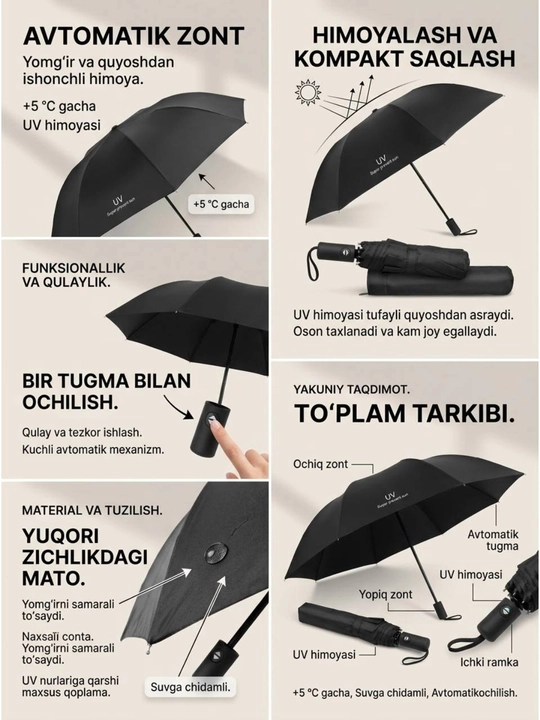 Avtomatik buklanadigan soyabon, ixcham yomg‘ir soyaboni, erkaklar va ayollar uchun,zontik
