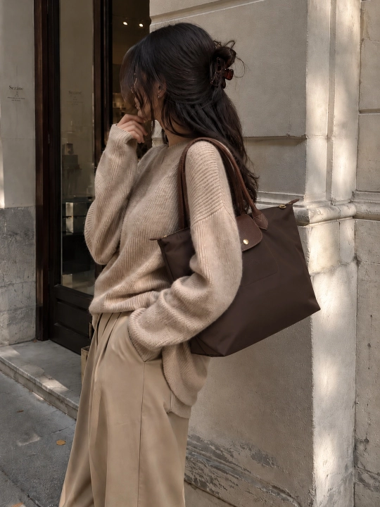 Maktab sumkasi, katta, ayollar uchun, Longchamp uslubida, o‘lchami M, tovut, shopper, A4 formatda